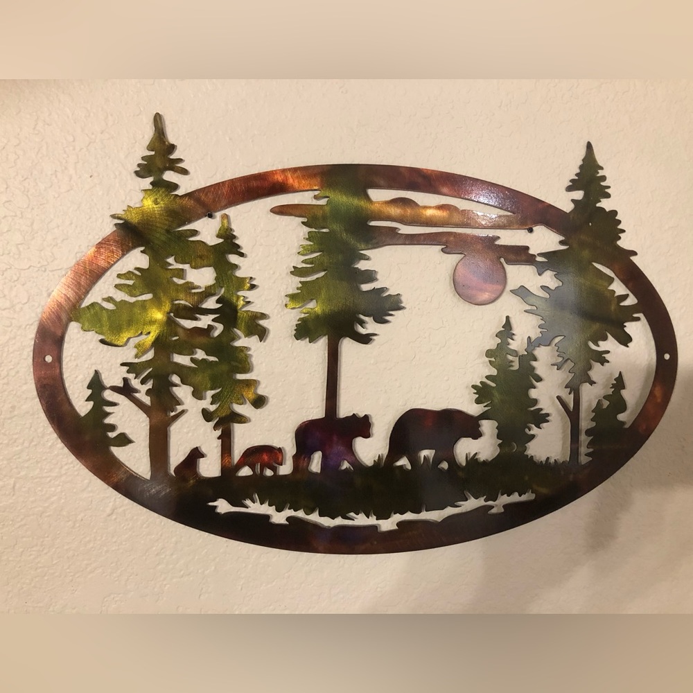 Oval Metal Bears and Trees Wall Decor 15”